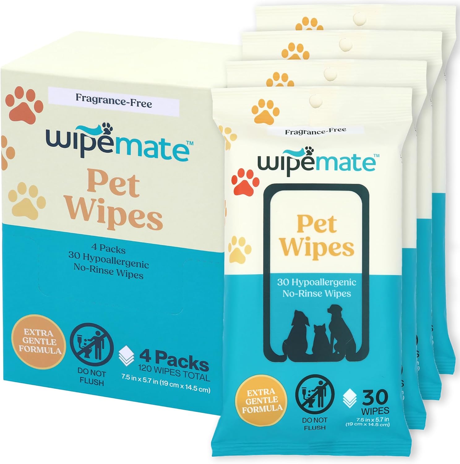 Bulk 4-Pack Travel Dog & Cat Pet Wipes for Small/Medium Pets Cleans Pet Paws Ears Fur Butt & Anal Gland No-Rinse Solution Gentle Deodorizing & Hypoallergenic – Unscented 120 ct