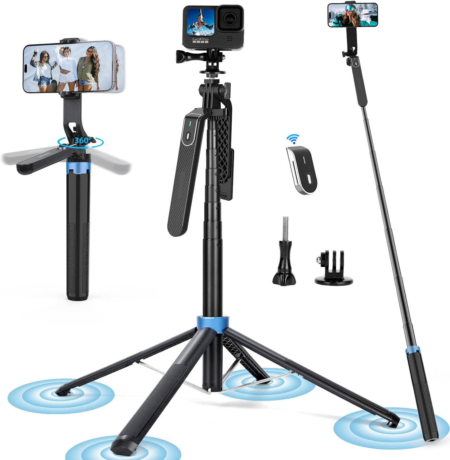 Eocean 71″ Tall Selfie Stick Tripod Quadripod with Remote & with 360° Ballhead, Aluminum Alloy Extendable Cell Phone Tripod Stand, Travel Tripod Phone Holder Compatible with iPhone/Android/GoPro