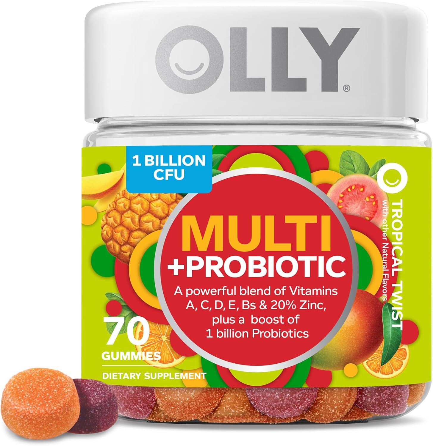 Olly Multi + Probiotic Adult Multivitamin Gummy, 1 Billion CFUs, Digestive and Immune Support Chewable Supplement, 35 Day Supply (70 Gummies), Tropical Twist