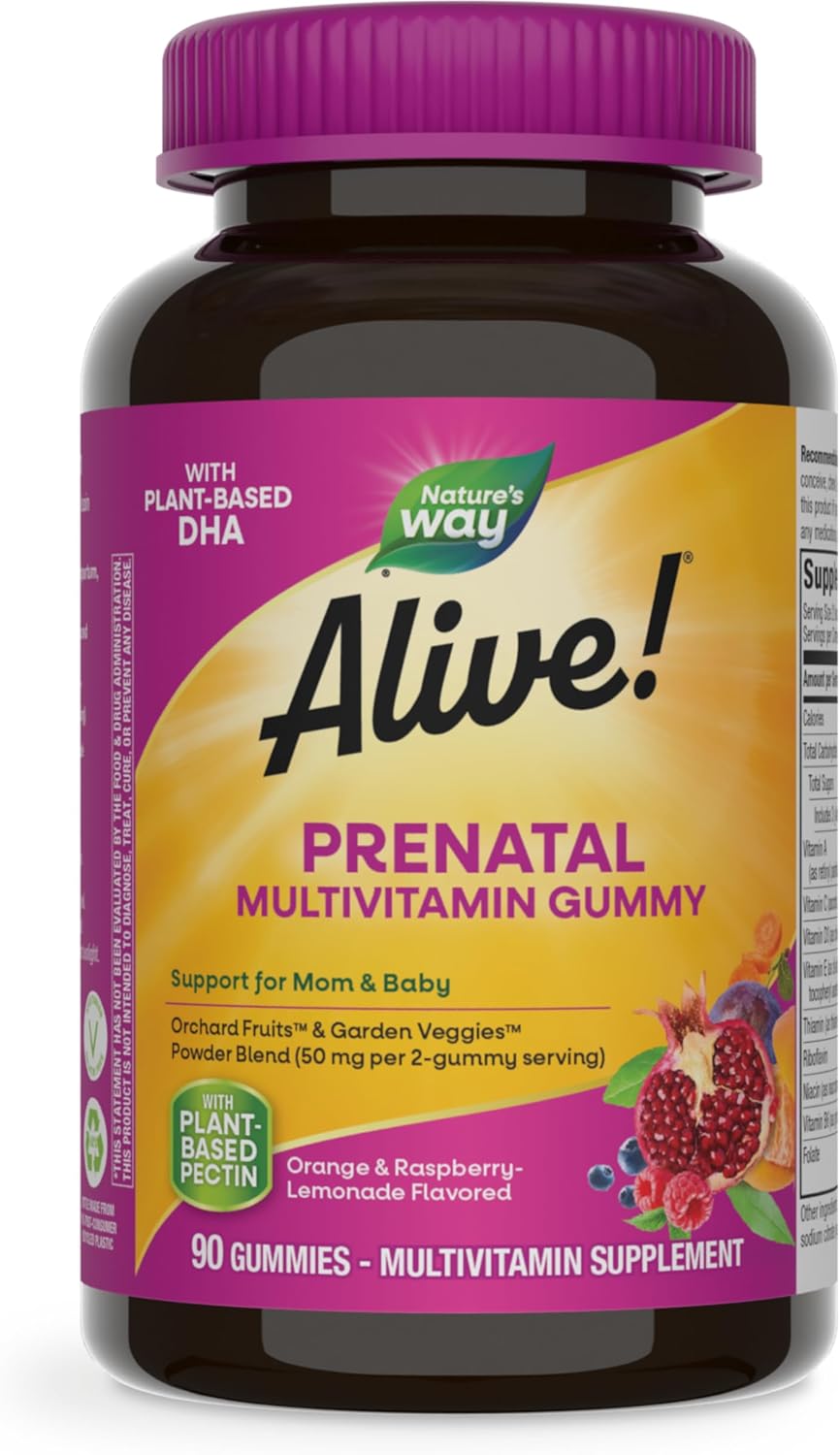 Nature’s Way Alive! Prenatal Multivitamin, Plant-Based DHA for Baby’s Healthy Brain & Eye Development*, Vegetarian, Orange and Raspberry Lemonade Flavored, 90 Gummies (Packaging May Vary)