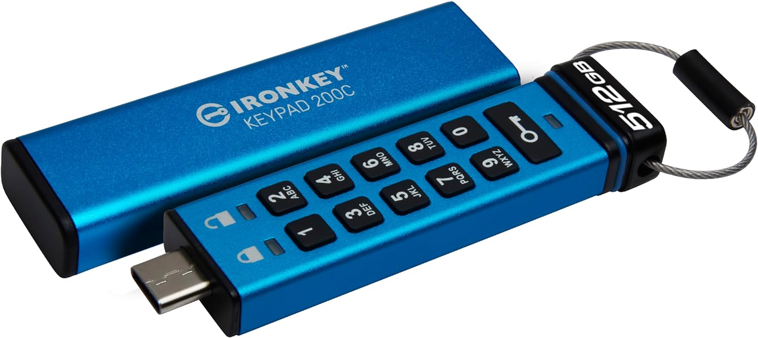 Kingston Ironkey Keypad 200 USB-C 512GB Encrypted Flash Drive | OS Independent | FIPS 140-3 Level 3 | XTS-AES 256-bit | BadUSB and Brute Force Protection | Multi-Pin Option | IKKP200C/512GB