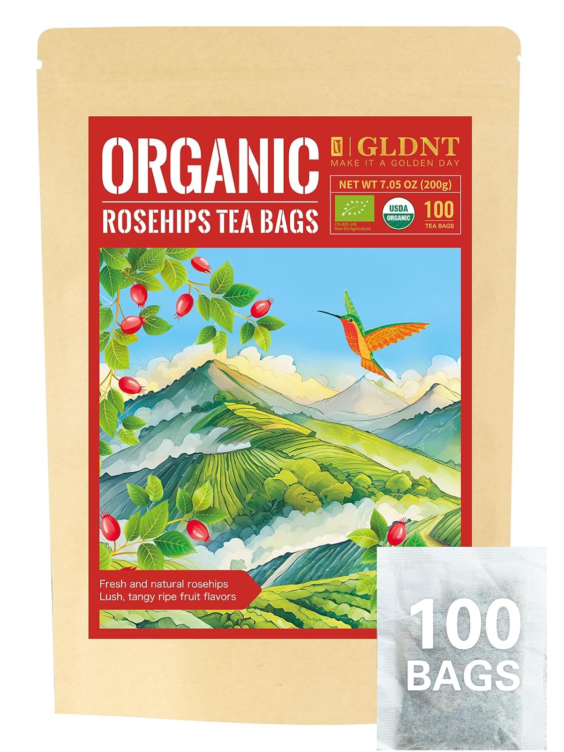 GLDNT Organic Rosehips Tea Bags, Organic Rose Hips, Fruity Flavor and Aroma, Caffeine Free, 100 Count