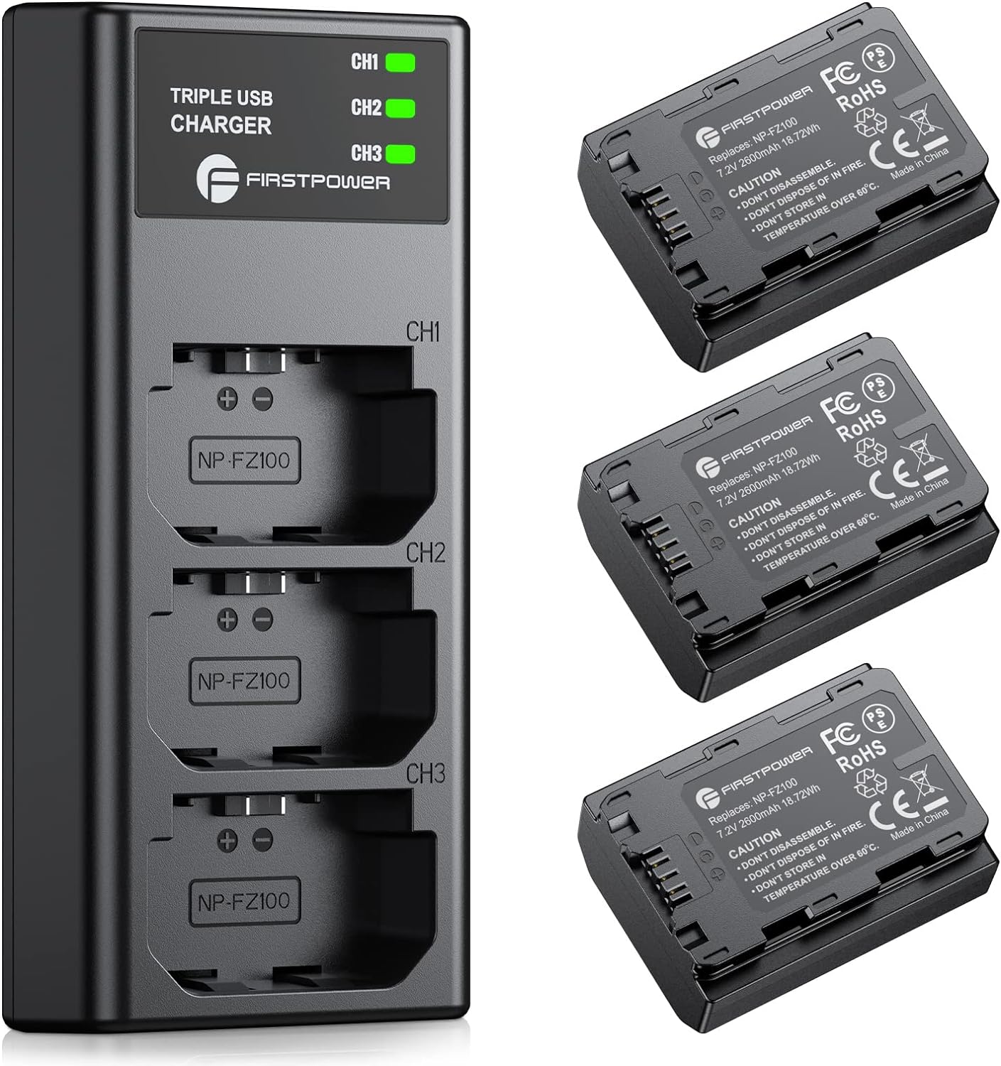 FirstPower NP-FZ100 Battery 3-Pack and Triple Slot Charger for Sony FX3, FX30, A7 III, A7 IV, A7R III, A9, A6600, A7R3, A7S III/A7S3, A7R III/A7C Camera