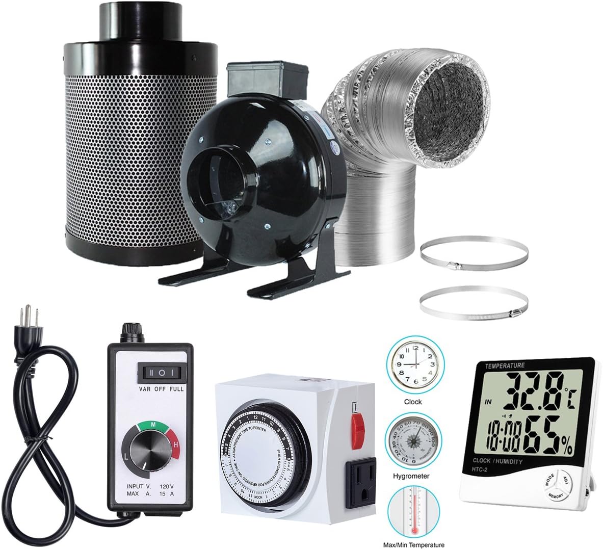 4” Inline Fan Carbon Filter Ducting Combo + Fan Speed Controller + 24 Hour Timer Outlet+Thermometer Ventilation System for Grow Tent Kit (4”)