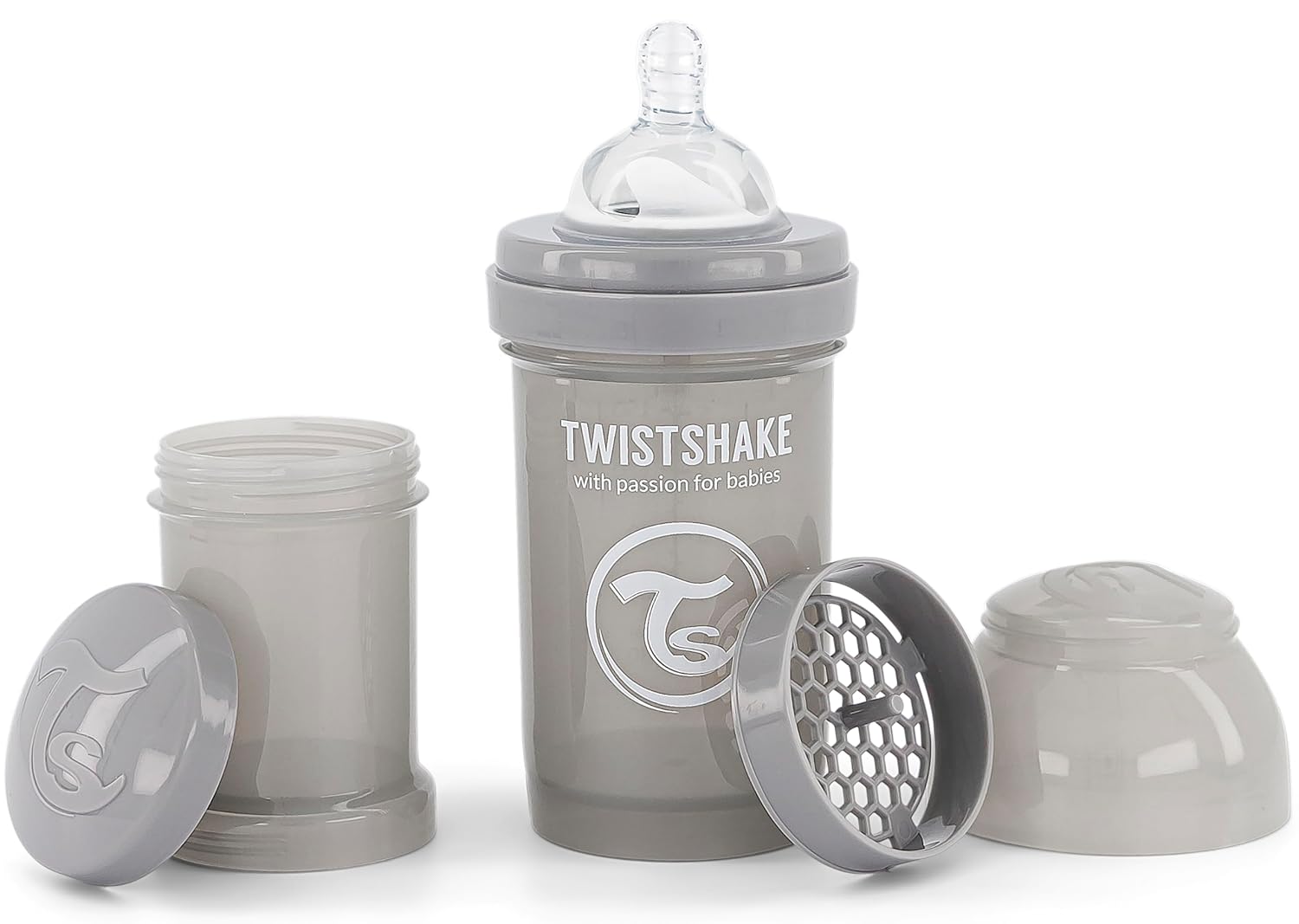 Twistshake Anti Colic Baby Bottles – Premium 180ml/6oz Bottles with 100ml Milk Storage Container for a Comfortable Feeding Experience for Baby – Pastel Grey