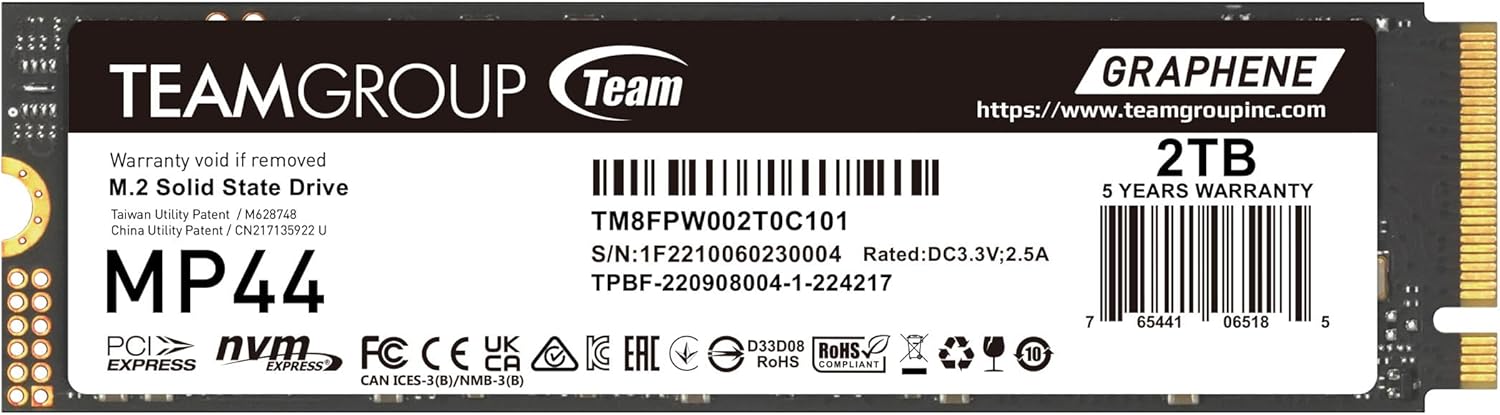 TEAMGROUP MP44 2TB SLC Cache Gen 4×4 M.2 2280 PCIe 4.0 w/ NVMe Laptop & Desktop & NUC & NAS SSD Read/Write Speed Up to 7400 / 6400MB/s TM8FPW002T0C101