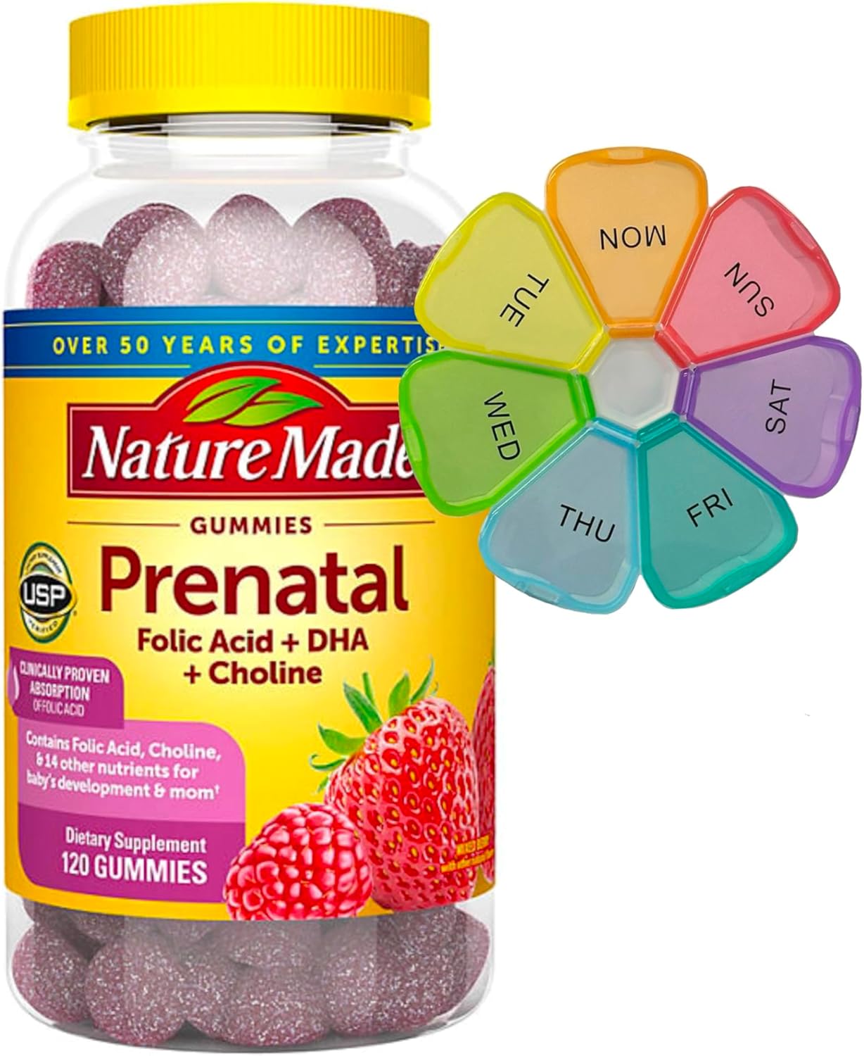 Nature Made Prenatal Gummies with Folic Acid, DHA & Choline Supplements – Supports Healthy Baby and Mom – 120 Gummies – 60-Day Supply – Bundle Extra Large Weekly Pill Box