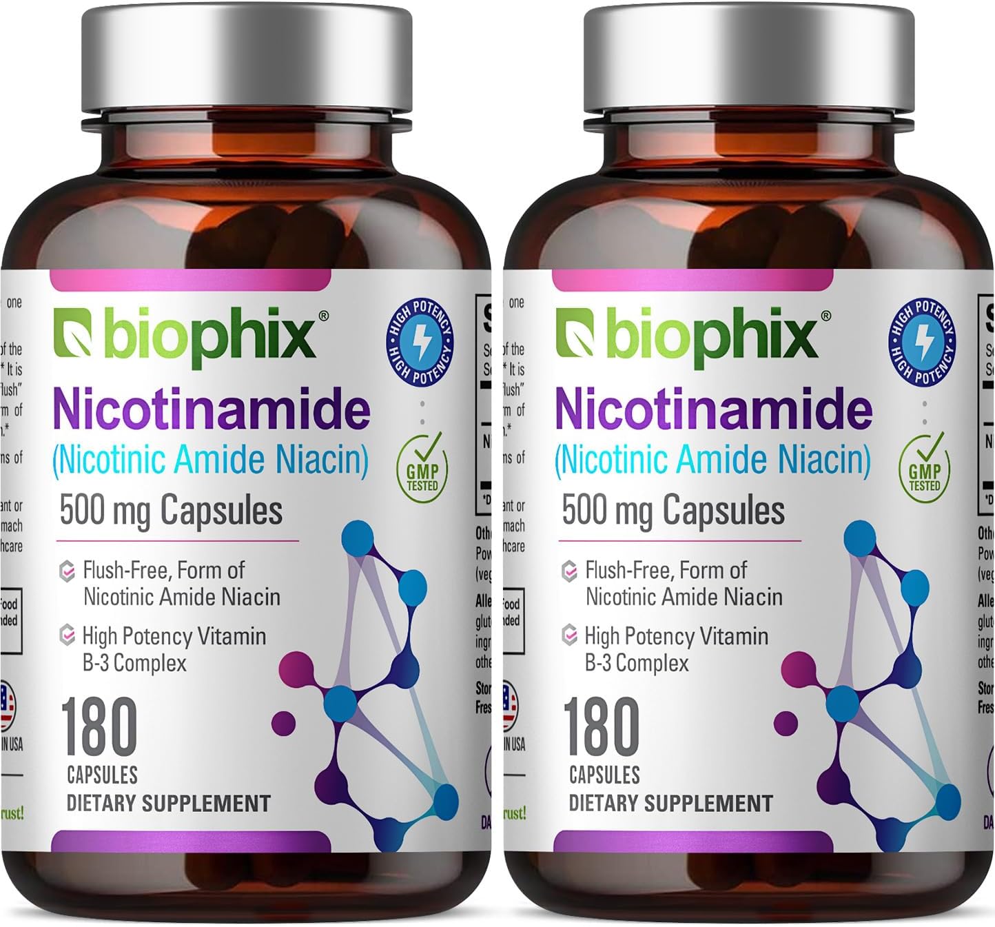 biophix B-3 Nicotinamide 500 mg 180 Caps 2 Pack – Nicotinic Amide Niacin Natural Flush-Free Vitamin Formula – Supports Skin Cell Health