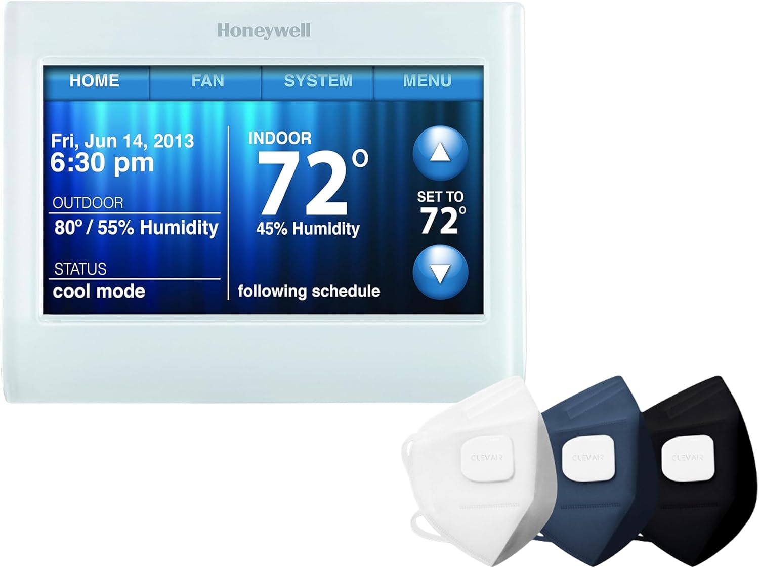 Playhardest Honeywell TH9320WF5003 Wi-Fi 9000 Color Touch Screen Programmable Thermostat, White (with Clevair 3-Mask Purifying Fan Set)