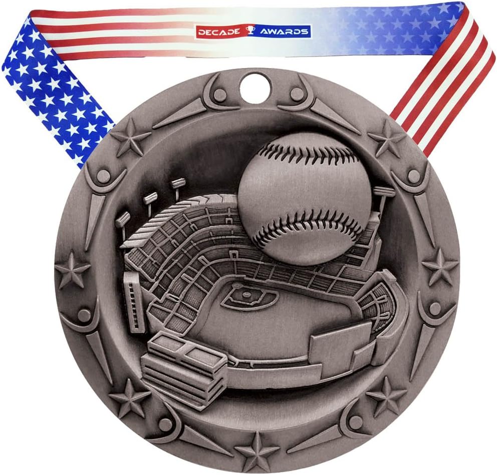 Decade Awards Baseball World Class Medal – 3 Inch Wide Base Ball Medallion with Stars and Stripes American Flag V Neck Ribbon