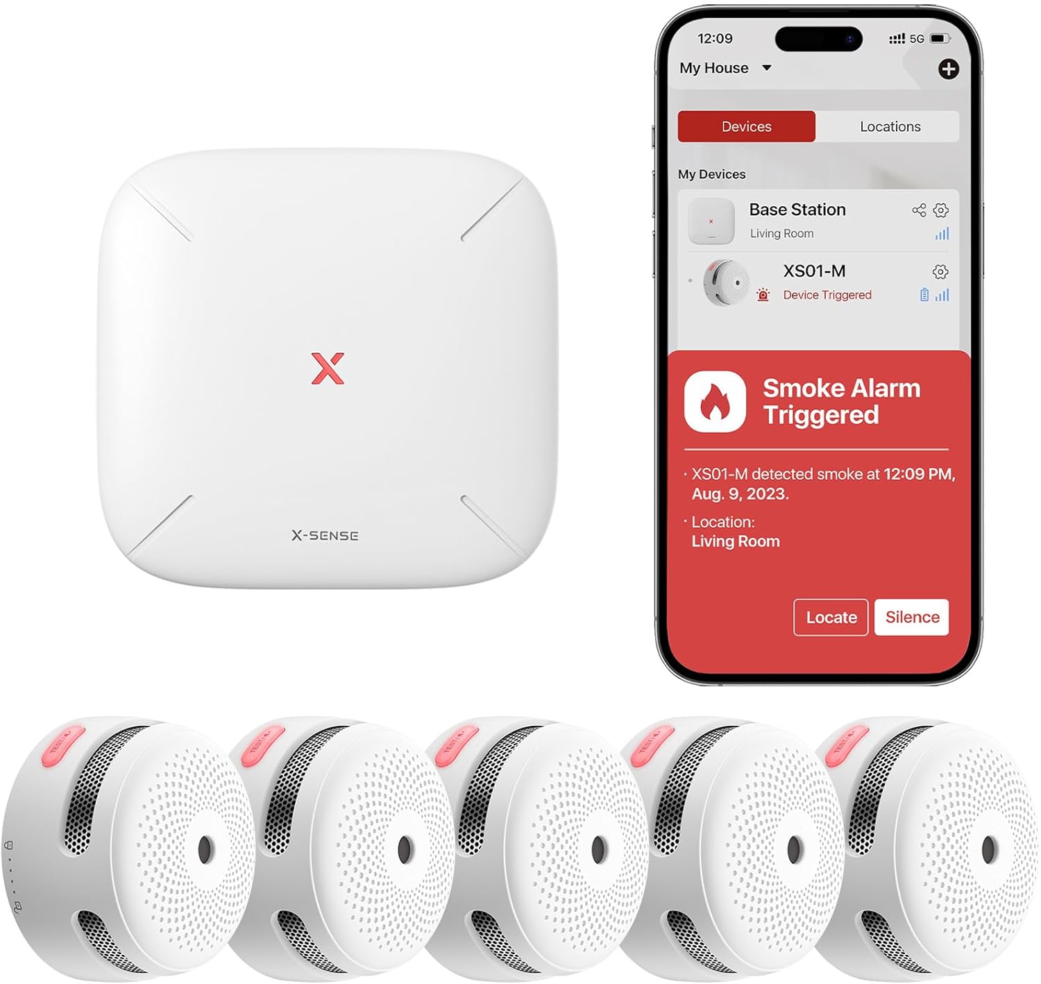 X-Sense Smart Smoke Detectors with SBS50 Base Station, Wi-Fi Smoke Alarm Compatible with X-Sense Home Security App, Wireless Interconnected Mini Fire Alarm, Model FS51