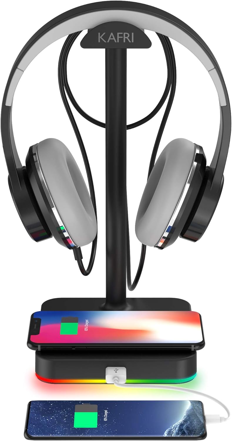 KAFRI RGB Headphone Stand with Wireless Charger Desk Gaming Headset Holder Hanger Rack with 10W/7.5W QI Charging Pad and QC 3.0 USB Port – Suitable for Gamer Desktop Table Game Earphone Accessories