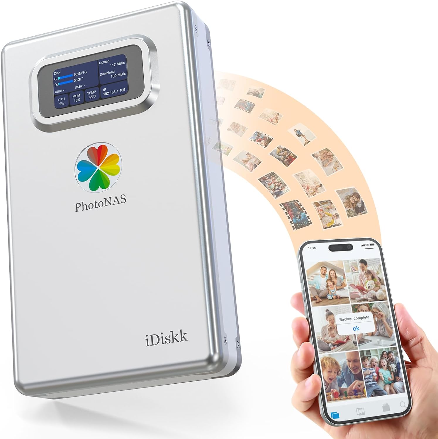 iDiskk 2TB Familly Photo NAS Storage iPhone External Hard Drive to Back Up and Share Photos & Videos,Auto Backup & Wireless Remote Access,Real-time Sync Data for iPhone,iPad,PC,Mac,Android Phones