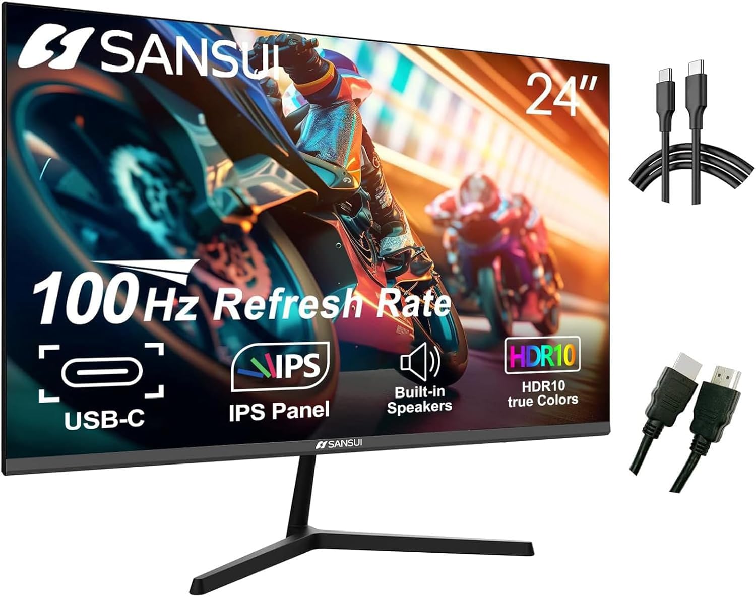 SANSUI 24 inch Monitor with Speakers, USB Type-C 100Hz FHD 1080P Computer Monitor, HDMI DP HDR10 Gaming Monitor RTS/FPS, Tilt Adjustable VESA Mount(ES-24X3 Type-C & HDMI Cable Included)