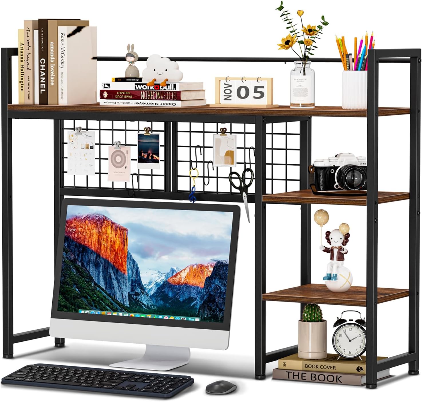 Snughome Desk Shelf, 38.6″ Desktop Organizer Shelf, Desk Hutch for Computer Monitor, 4 Tier Desktop Display Rack with Pegboard Hooks Set, Wood Desktop Bookshelf for Home Office Dorm, Black