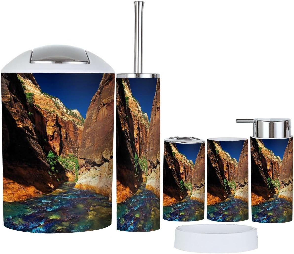 Bathroom Accessory Set 6 Piece A Sunny Morning Lower reaches Zion Narrows Toothbrush Holder, Toothbrush Cup, Soap Dispenser, Soap Dish, Toilet Brush Holder, Trash can