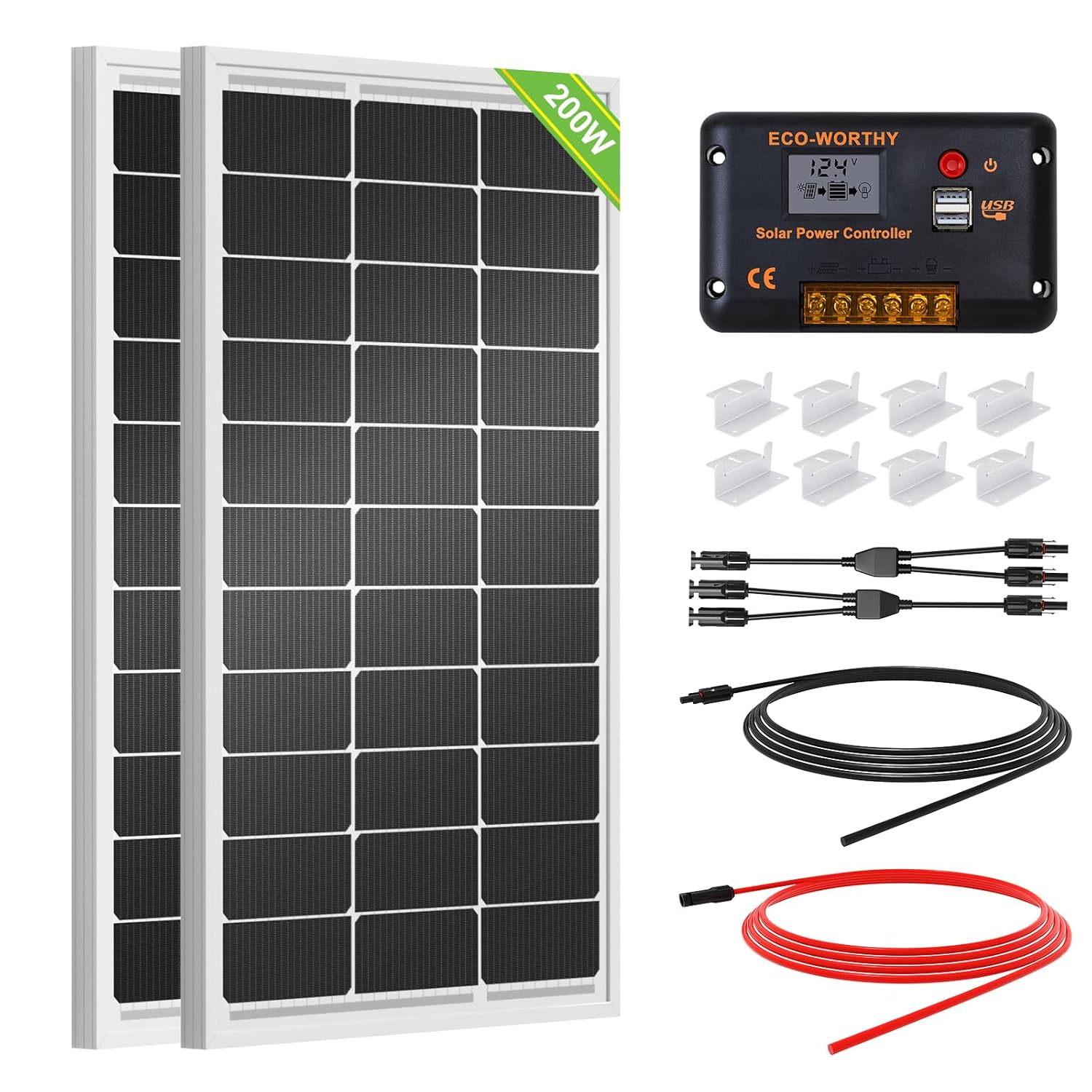 ECO-WORTHY 200 Watts 12 Volt/24 Volt Solar Panel Kit with High Efficiency Monocrystalline Solar Panel and 30A PWM Charge Controller for RV, Camper, Vehicle, Caravan and Other Off Grid Applications