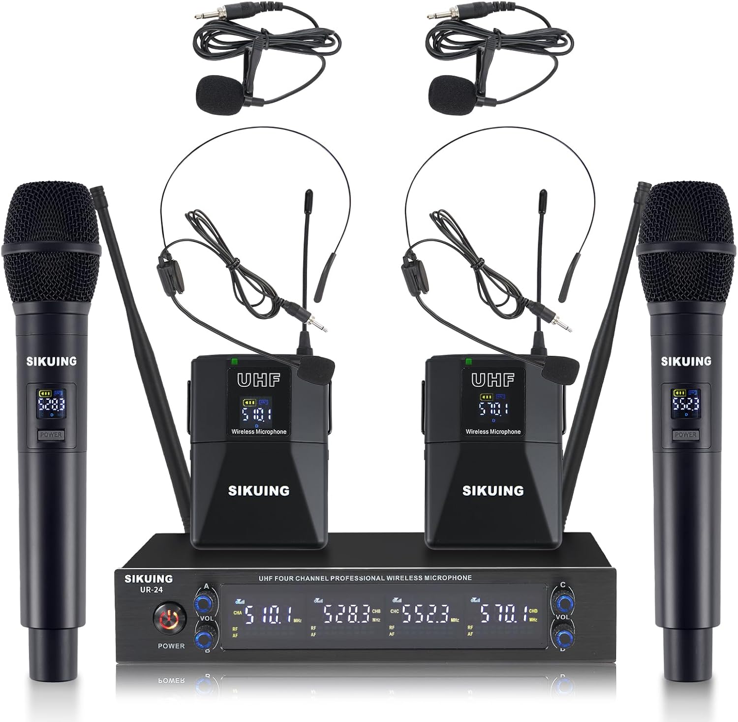 4 Channel UHF Wireless Microphone System with Lavalier Headset Mics, 4×50 Adjustable Frequencies, Ideal for Karaoke Meeting Church, 300ft Range (2 Handheld 2 Bodypack)