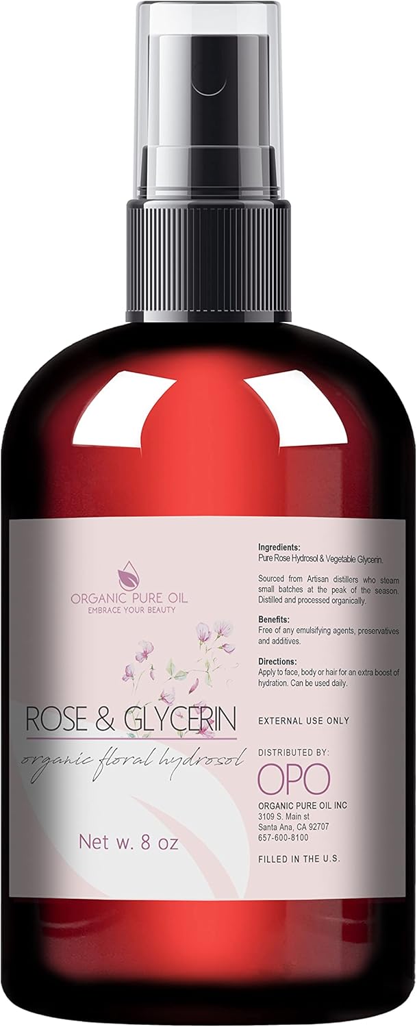 Rosewater Glycerin Mist Toner Bulk Spray Facial Body Floral Cleanser 100% Pure Rose Hydrosol and Vegetable Glycerine Moisturizing Cleansing Toning Mix for Face Skin Hair Body (8 Ounces)