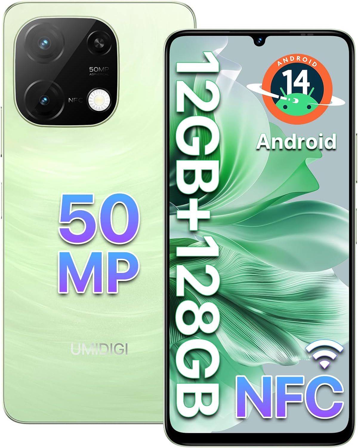 UMIDIGI G9C Android 14 Unlocked Cellphone,Octa-core 12GB +128GB Expand 1TB Unlocked Smartphone,6.75″ HD+ 90Hz,5000mAh Battery,50MP Camera,GPS,BT 5.4,NFC,AI Face Unlock,Warranty,Green