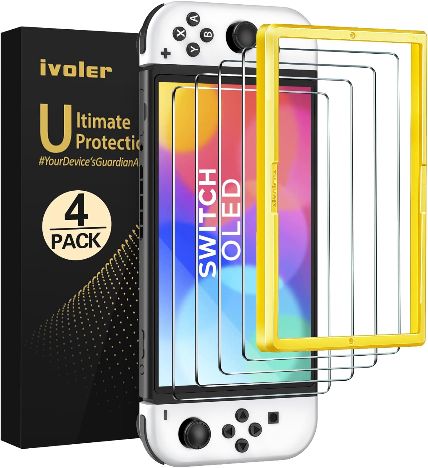 ivoler 4-Pack Tempered Glass Screen Protector Designed for Nintendo Switch OLED Model 2021&2023 with [Alignment Frame] Transparent HD Clear[Updated Version] Screen Protector for Switch OLED 7”