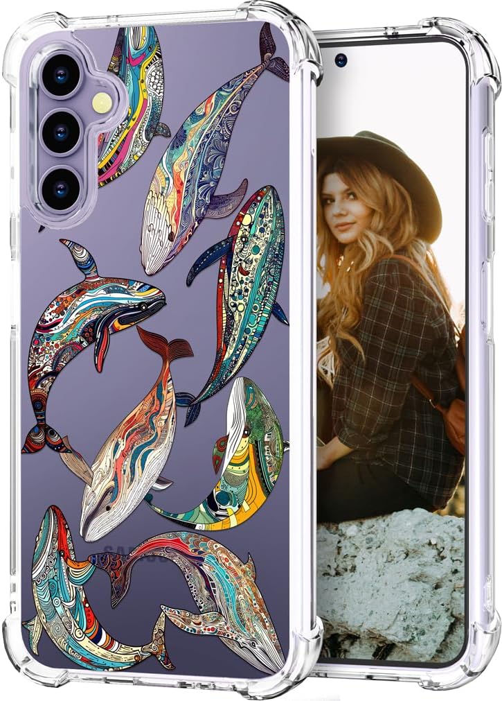 Hungo Galaxy S24 Case for Girls Women Clear Design Cute,Girly Designer Aesthetic Case Compatible with Samsung Galaxy S24 Ocean Sea Animal Abstract Whales Group Beautiful