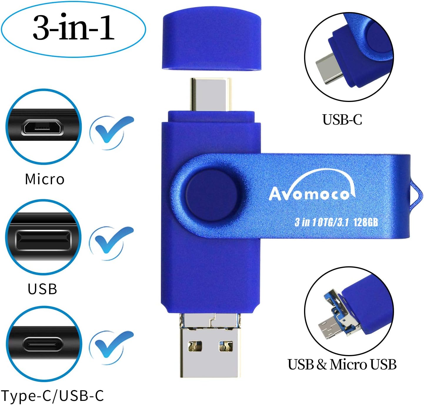 3.1 128GB 3 in1 High Speed Photo Backup Flash Drive for Android Phones wtih Type C/Micro Port&Tablets&PC. Photo-Stick-for Samsung Phones,LG,Google,Hua Wei.Moto, one Plus.etc