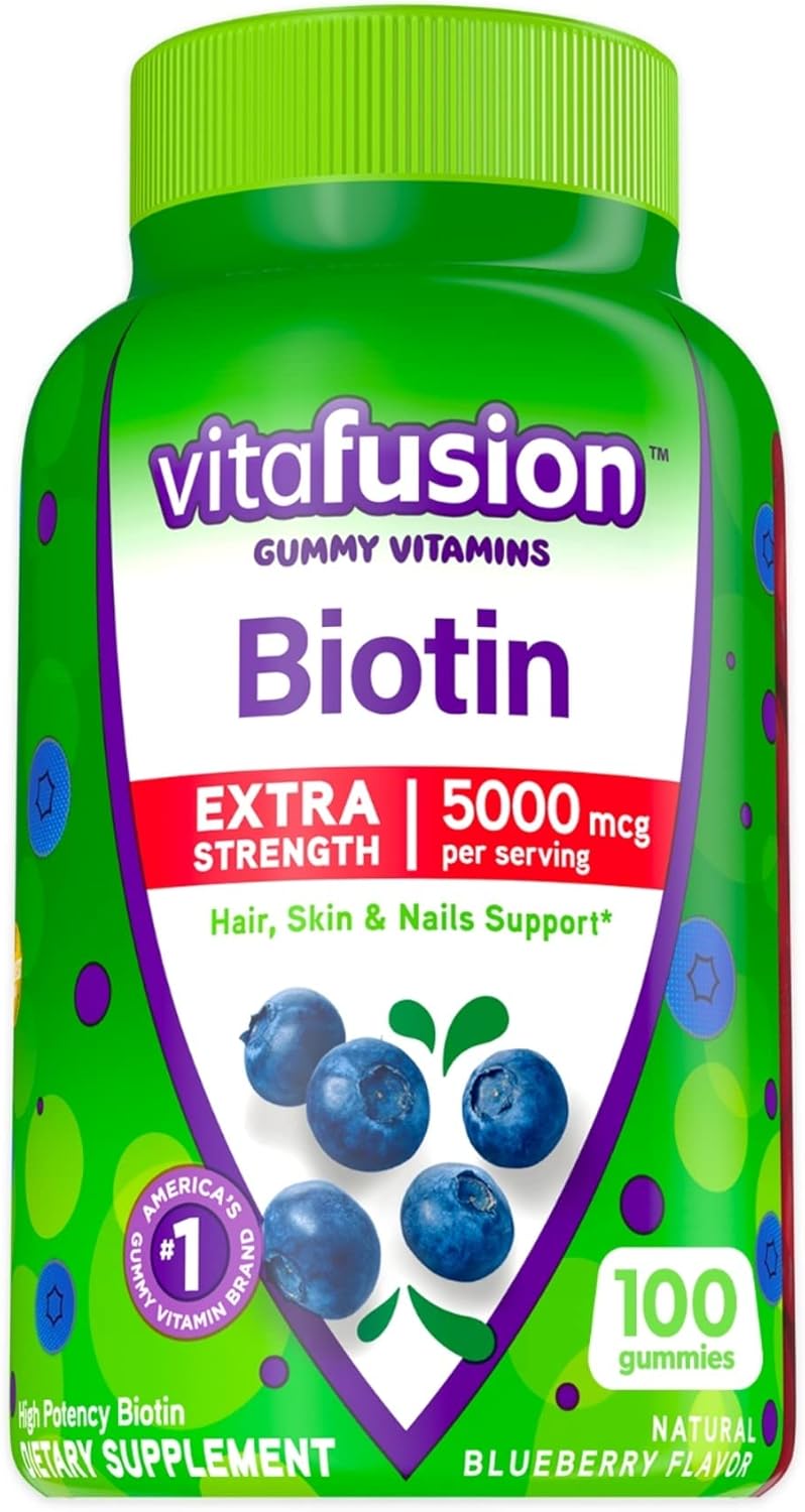 vitafusion Extra Strength Biotin Gummy Vitamins, Berry Flavored, 5,000 mcg Biotin Vitamins, America’s Number 1 Gummy Vitamin Brand, 50 Day Supply, 100 Count (Packaging may vary)