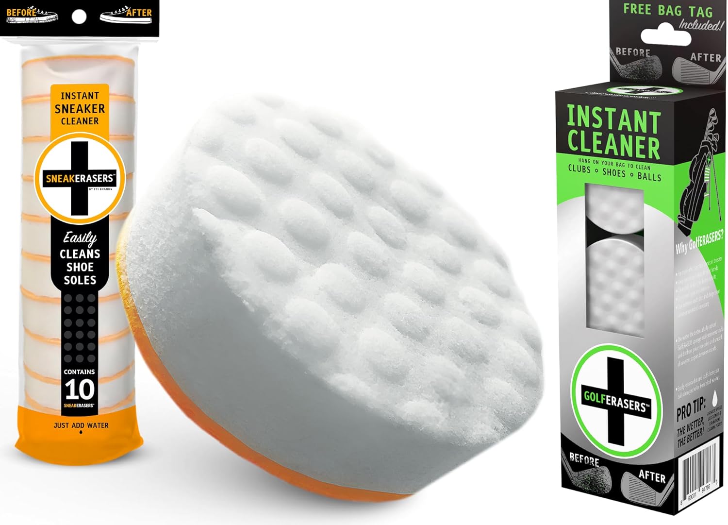 SneakERASERS Instant Sole and Sneaker Cleaner, Premium, Disposable, Dual-Sided Sponge, GolfERASERS Instant Golf Eraser with Bag Tether, Premium Dual-Sided Sponge for Cleaning Clubs