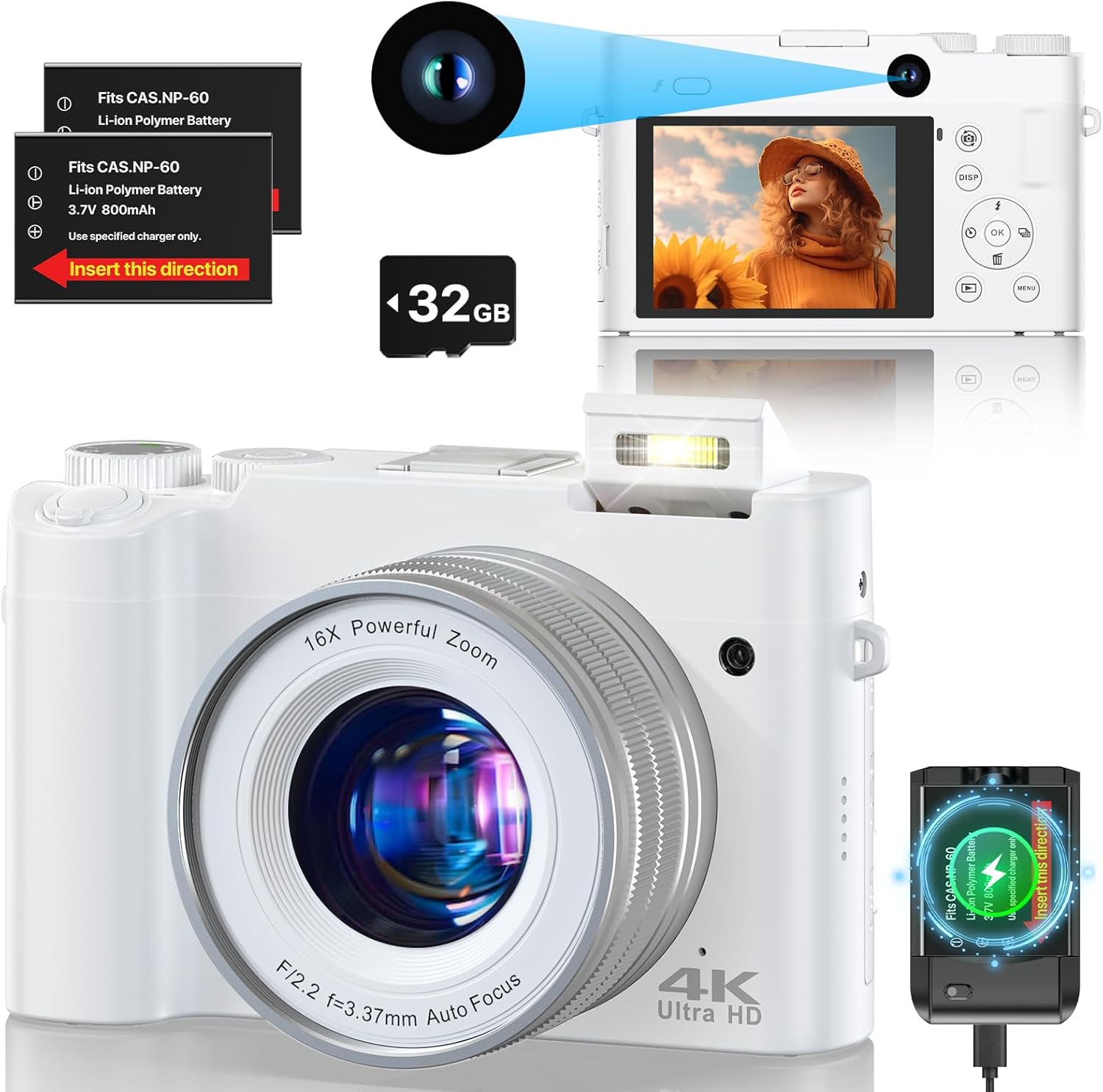 4K Digital Camera, 64MP Dual Cameras for Photography Autofocus Anti-Shake, Video Vlogging Camera for YouTube, Compact Travel Camera with 32GB SD Card, 16X Digital Zoom, Flashlight, 2 Batteries+Charger