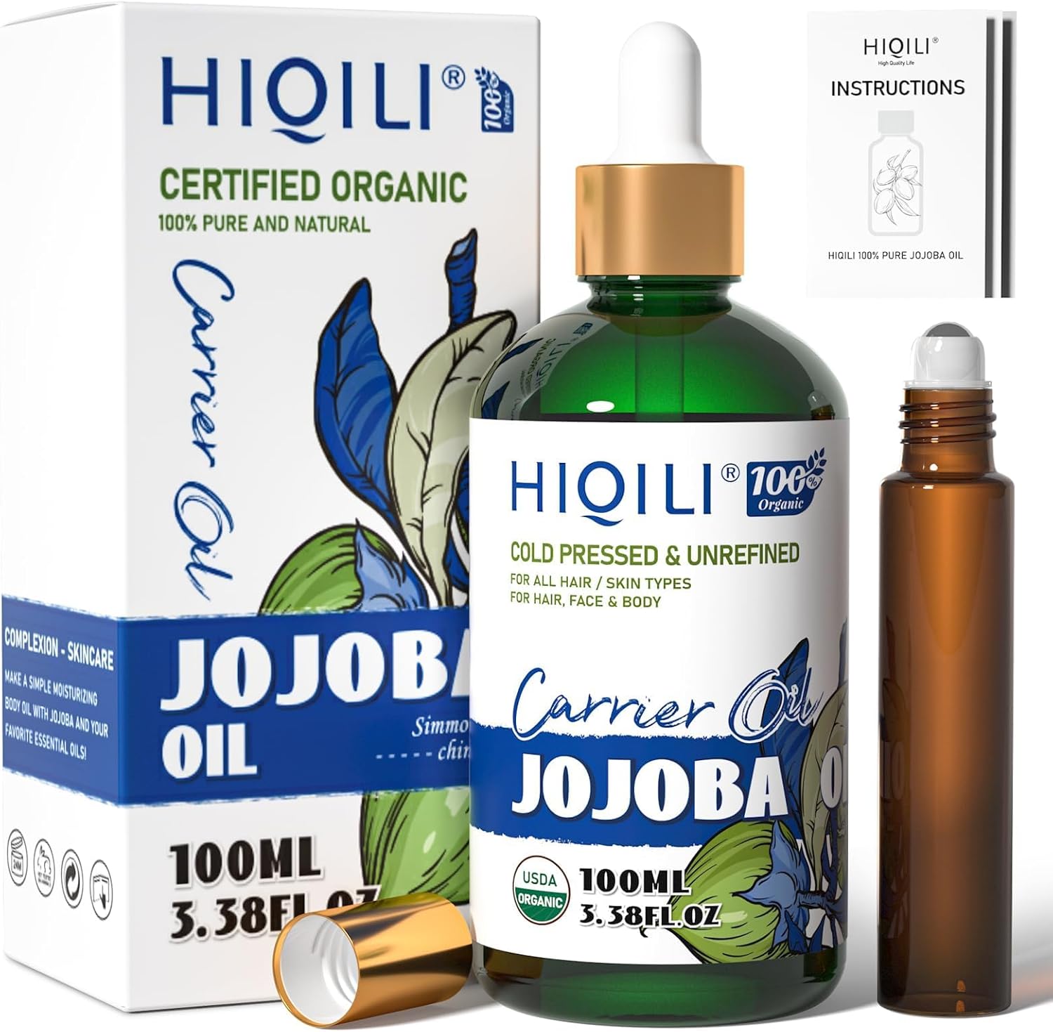 HIQILI 100ML Jojoba Oil Organic for Hair Growth,100% Pure Cold Pressed Unrefined, Included Roller Bottle for Massage – 3.38 Fl Oz