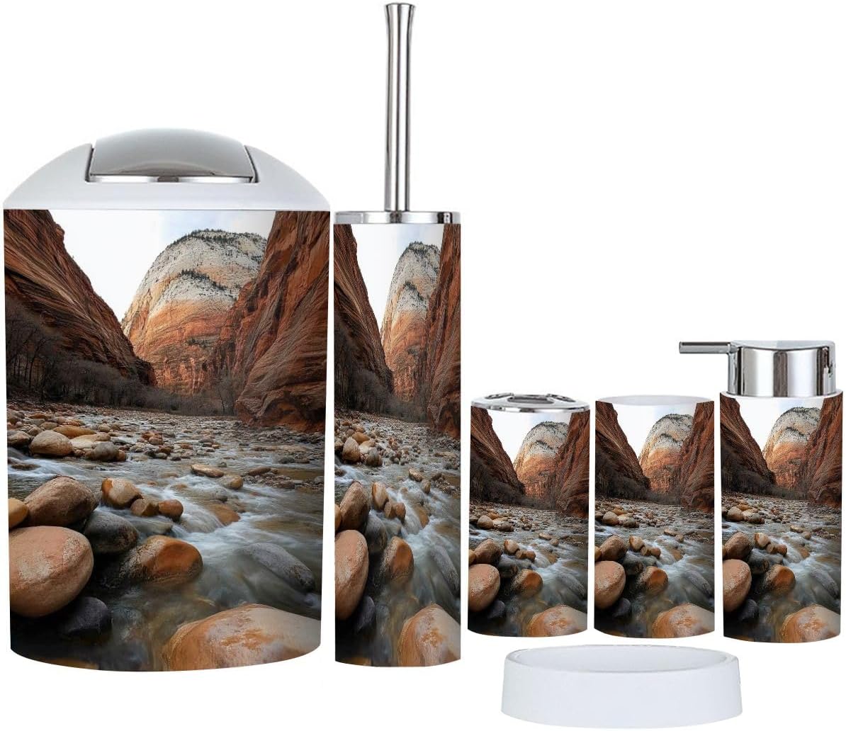 Bathroom Accessory Set 6 Piece End Riverside Walk Beginning The Narrows at Zion National Park Utah Toothbrush Holder, Toothbrush Cup, Soap Dispenser, Soap Dish, Toilet Brush Holder, Trash can