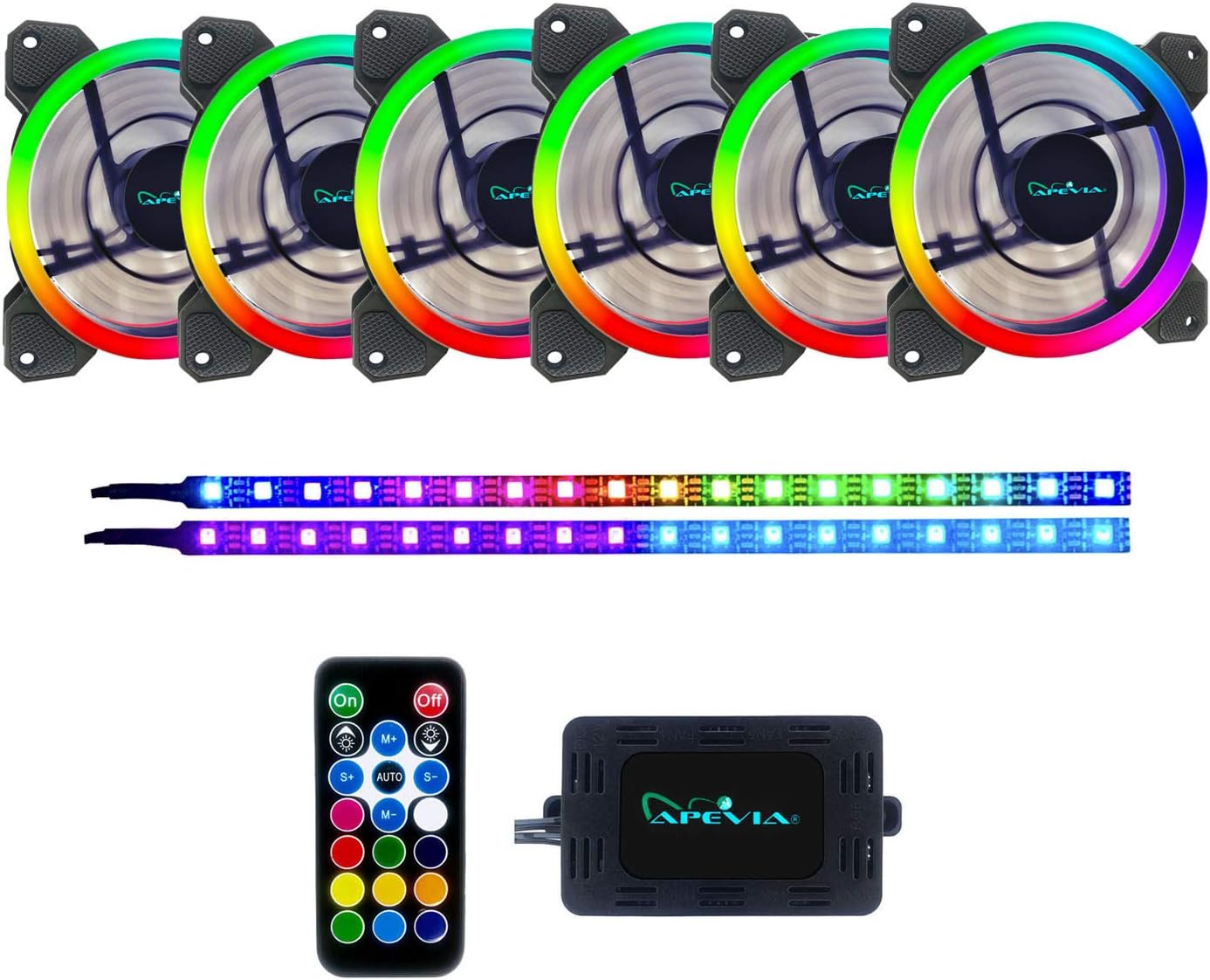 Apevia ST6P2-RGB Spectra 120mm Silent Dual Ring RGB Color Changing LED Fan with Remote Control, 16x LEDs & 8X Anti-Vibration Rubber Pads w/ 2 Magnetic LED Strips (6+2-pk)