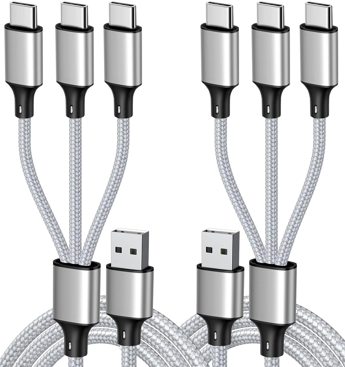 Puxnoin Multi Charging Cable, USB C Splitter Cable, 3 in 1 Fast Charging Cord with 3 Type-C Male Port Compatible with Cell Phones Tablets and More – 2Pack 4FT Silver