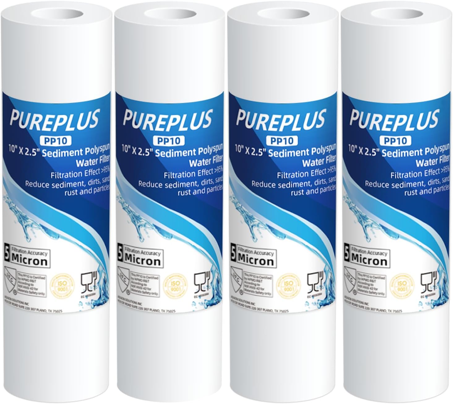 PUREPLUS 5 Micron 10″ x 2.5″ Whole House Sediment Home Water Filter Cartridge Replacement for Any 10 inch RO Unit, Culligan P5, Aqua-Pure AR110, Dupont WFPFC5002, CFS10, WHKF-G05, 4Pack