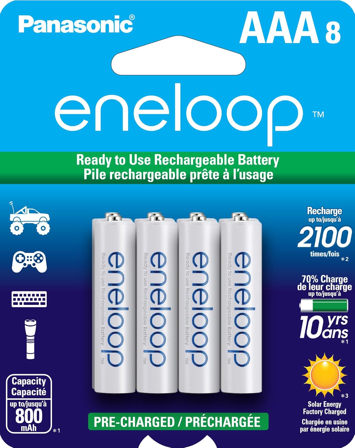 Eneloop Panasonic BK-4MCCA8BA AAA 2100 Cycle Ni-MH Pre-Charged Rechargeable Batteries, 8-Battery Pack