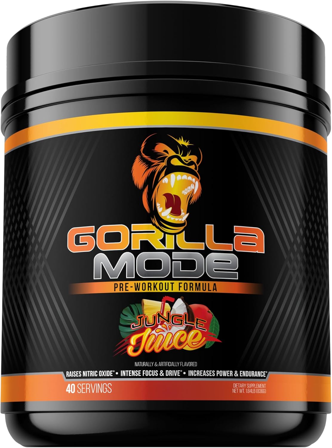 Gorilla Mode Pre Workout – Massive Pumps · Laser Focus · Energy · Power – L-Citrulline, Creatine, L-Tyrosine, Betaine, Hydroprime®, Alpha-GPC, 400mg Caffeine, Huperzine A – 836g (Jungle Juice)