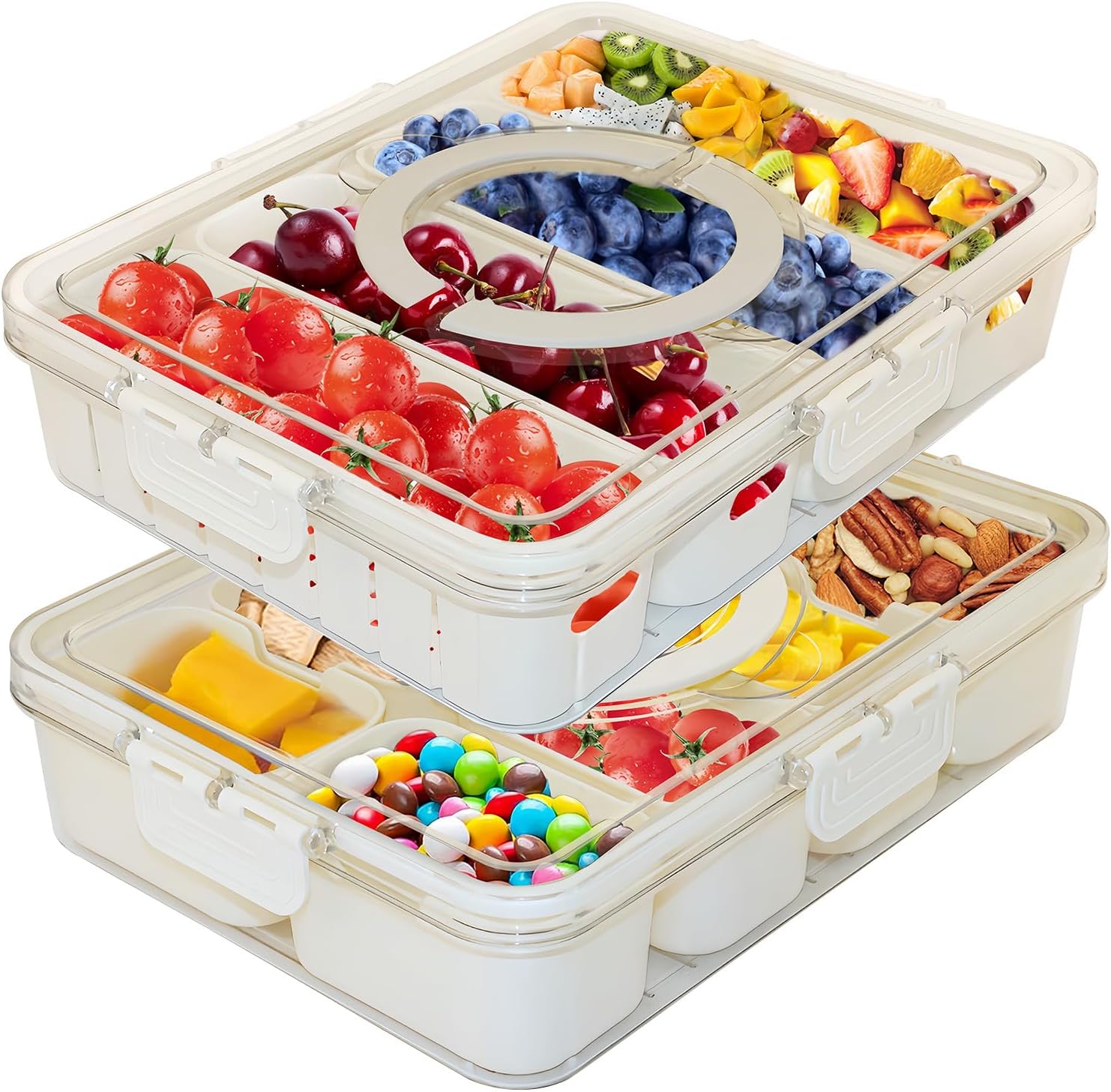 JSLOOO Snackle Box Container Divided Serving Tray with Lid and Handle, Portable Travel Snack Platters for Party, Fruit Organizer for Refrigerator for Candy, Fruits, Nuts, Chips…