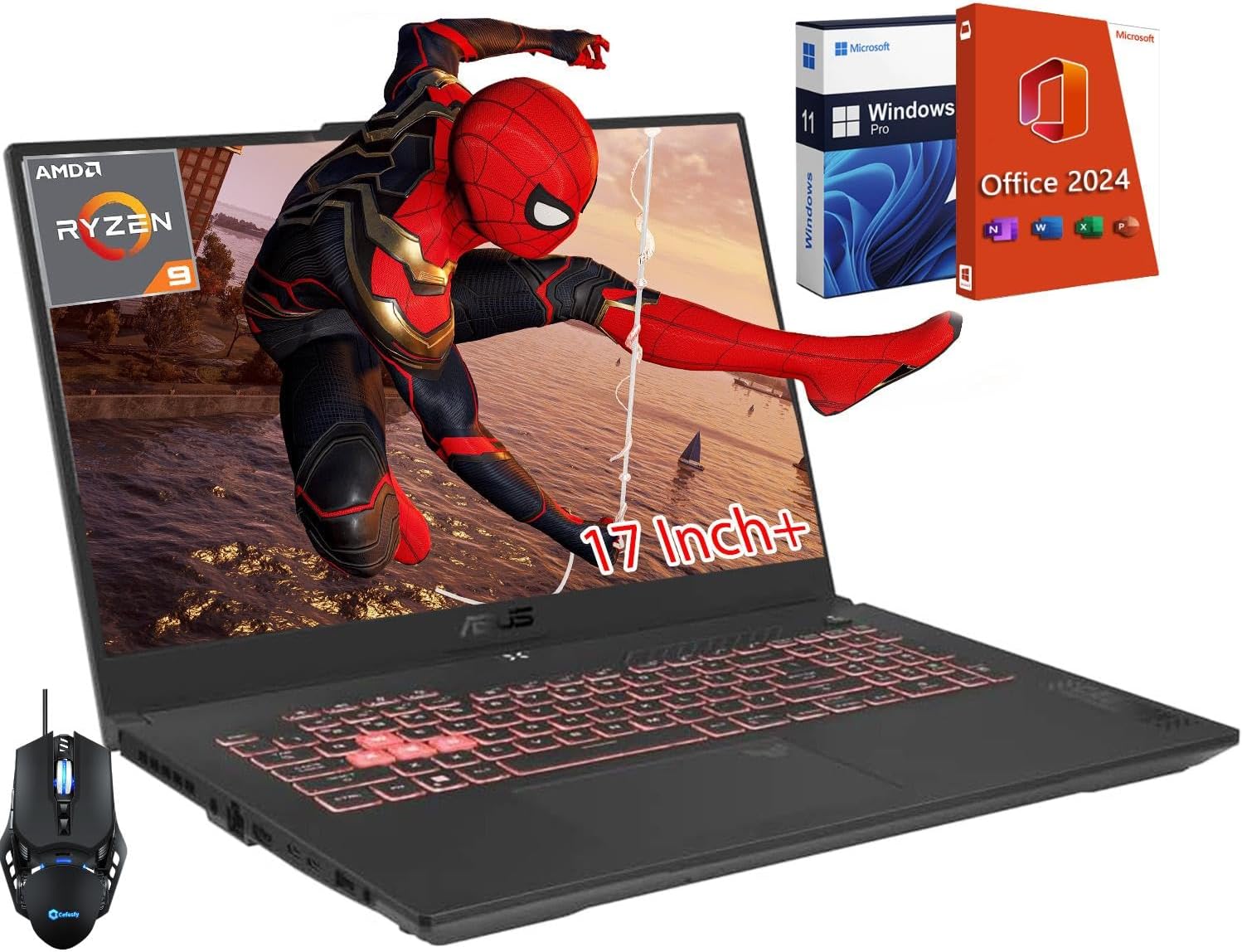 ASUS TUF A17 Gaming Laptop, with Microsoft Office Lifetime License, 17.3” FHD 144Hz Display, AMD Ryzen 9 7940HS, NVIDIA GeForce RTX 4050, ‎64 GB DDR5 RAM, 4 TB SSD, Windows 11 Pro & Anti-Slip Mouse