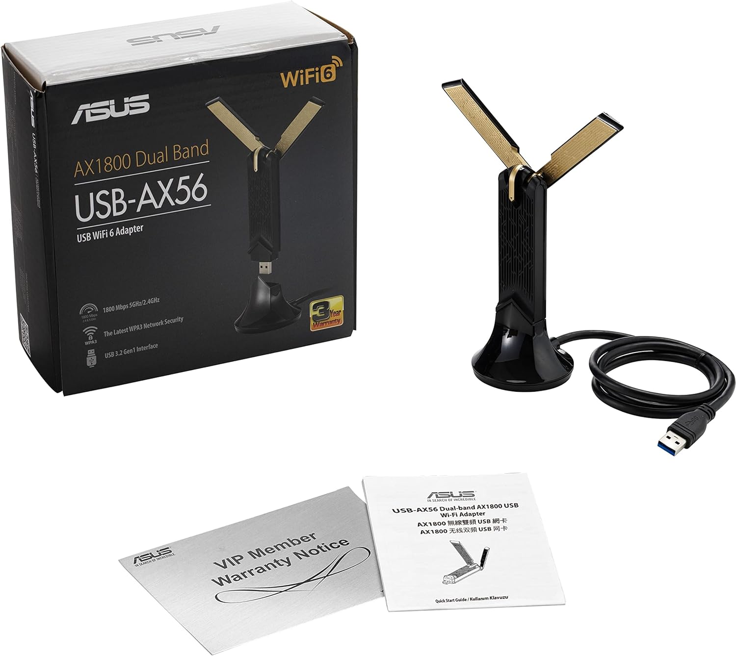 ASUS WiFi 6 AX1800 USB WiFi Adapter (USB-AX56) – Dual Band WiFi 6 Client, 2×2 Support, Gaming & Streaming, Plug-and-Play, WPA3 Network Security, MU-MIMO, Beamforming, Black