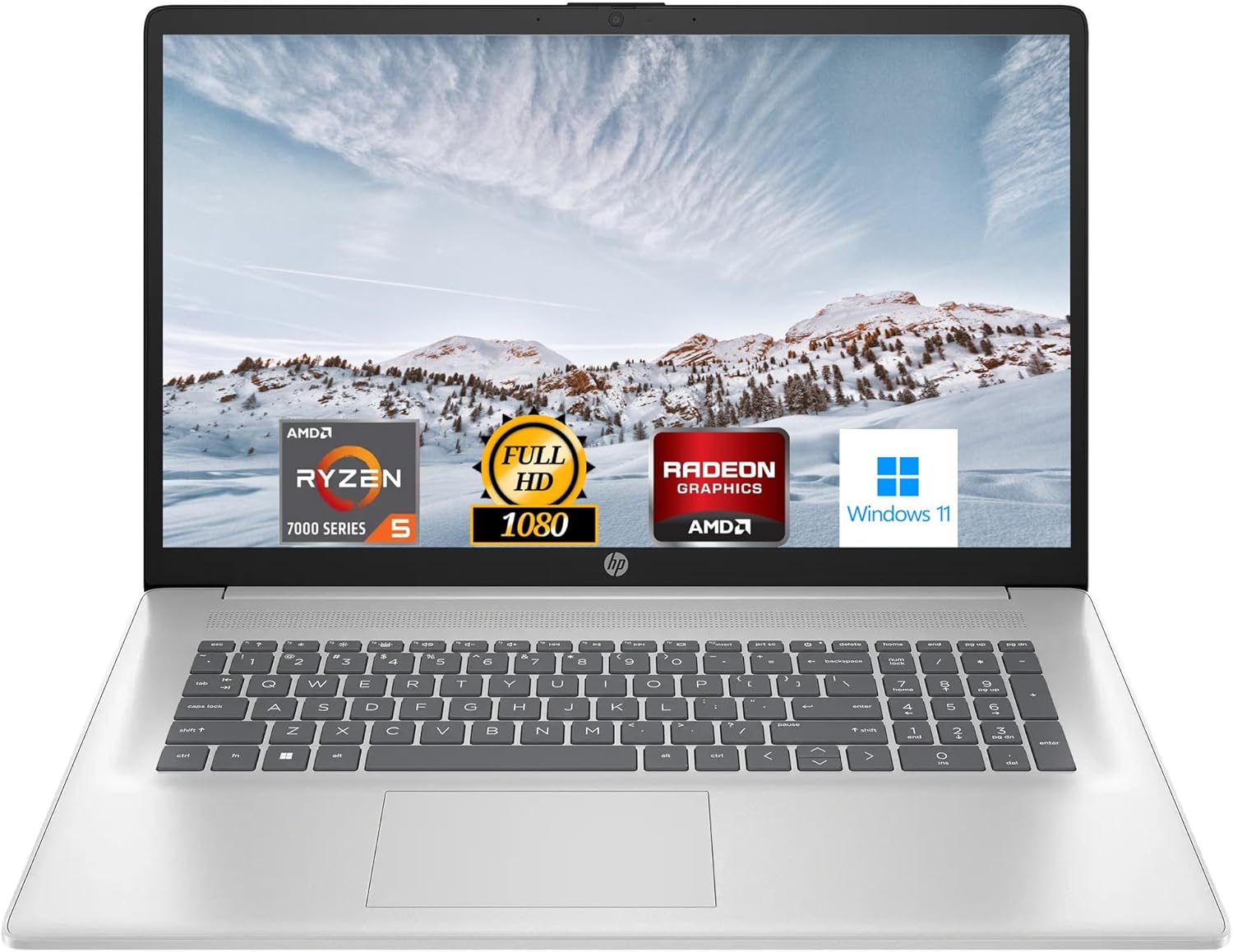 HP 17.3″ Laptop, Full HD (1920 * 1080) Display, AMD Ryzen 5 Processor (Beats i7-11370H), 32GB RAM, 2TB SSD, Windows 11 Home, Webcam, Wi-Fi, Bluetooth, Natural Silver, Alpacatec Accessory