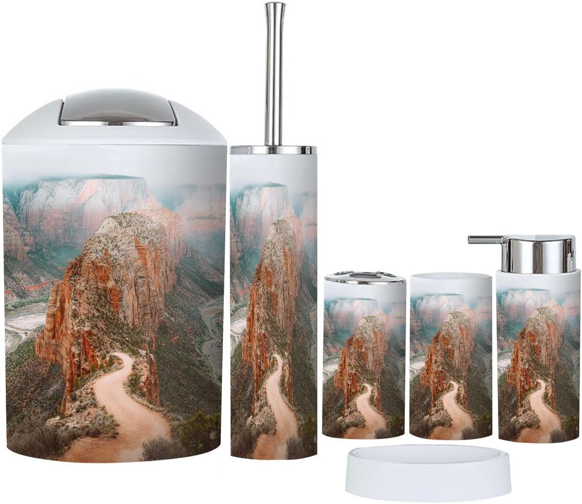 Bathroom Accessory Set 6 Piece Mountains Zion National Park Angel s Landing Trail Toothbrush Holder, Toothbrush Cup, Soap Dispenser, Soap Dish, Toilet Brush Holder, Trash can