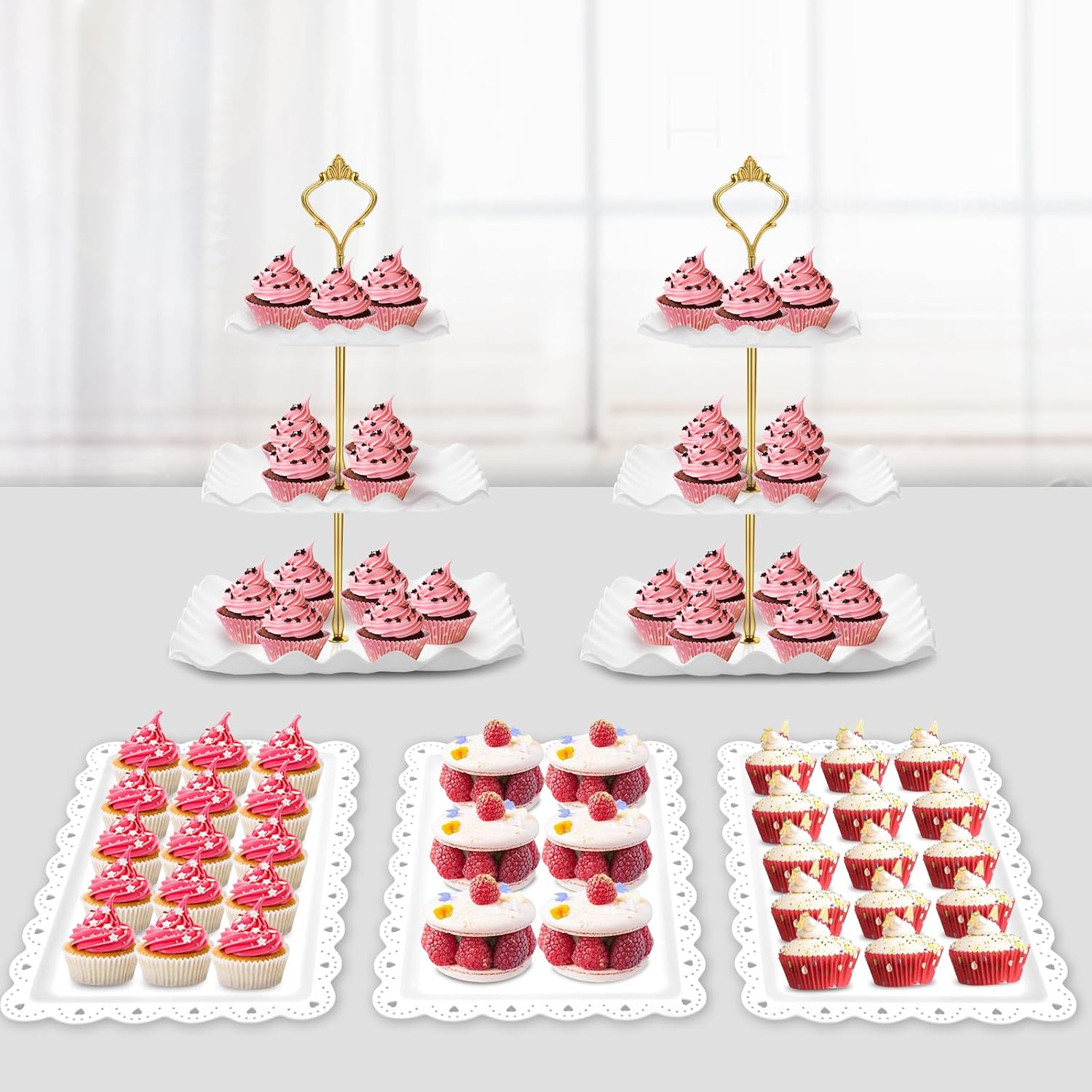 PinCute 5 Pcs Dessert Table Display Set – 2 X Cupcake Stand Holder/Cup Cake Tier Tower & 3 X Serving Tray Combo for Tea Party, Birthday, Baby Shower (Wave Square)