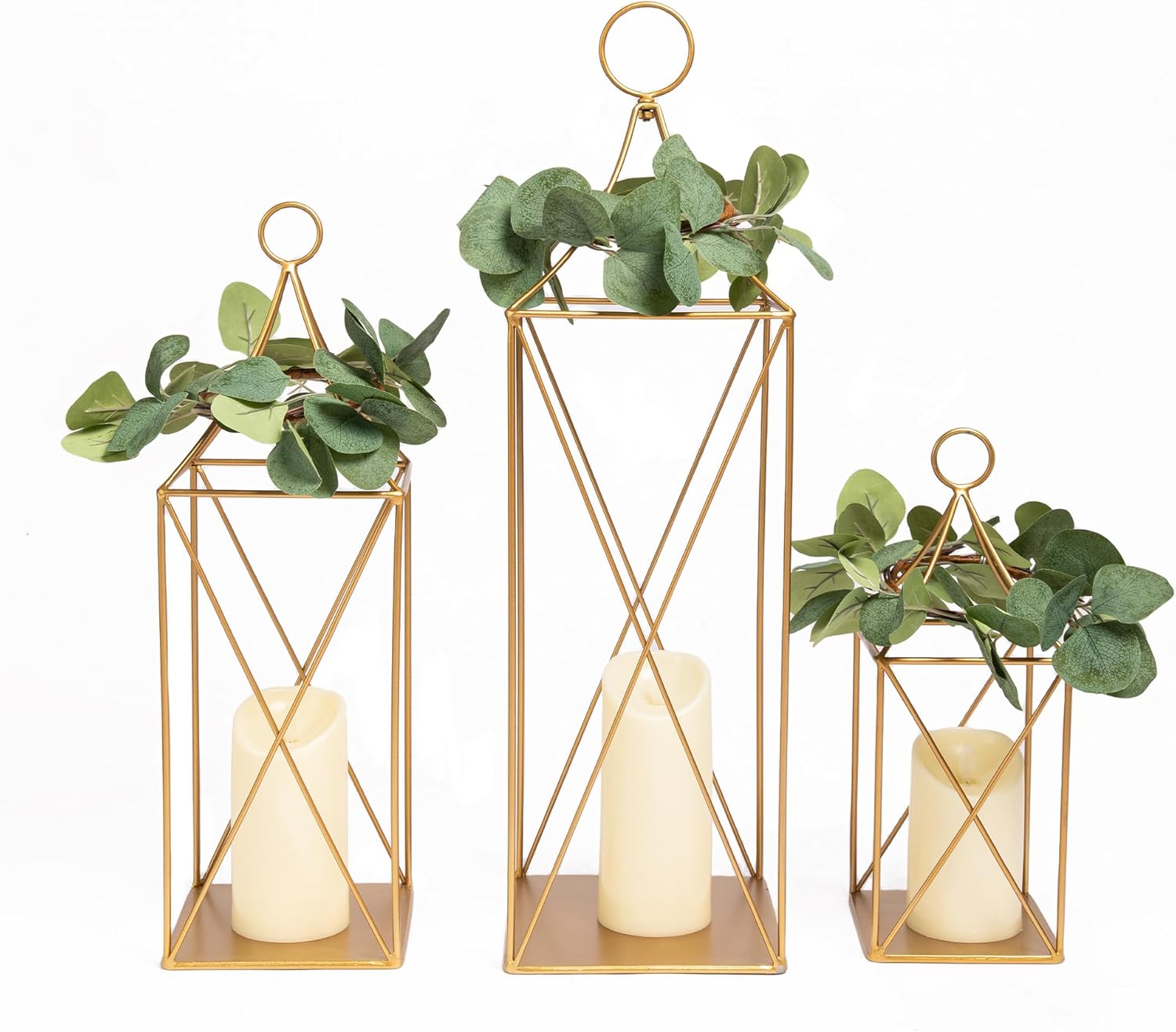 HPC Decor Tall Metal Lantern Decor Set of 3-24″ 19″ 13″ Elegant Decorative Lanterns with Garlands-Modern Gold Candle Lanterns for Garden Porch Decor,Indoor/Outdoor for Wedding Décor,Party,Home Decor.