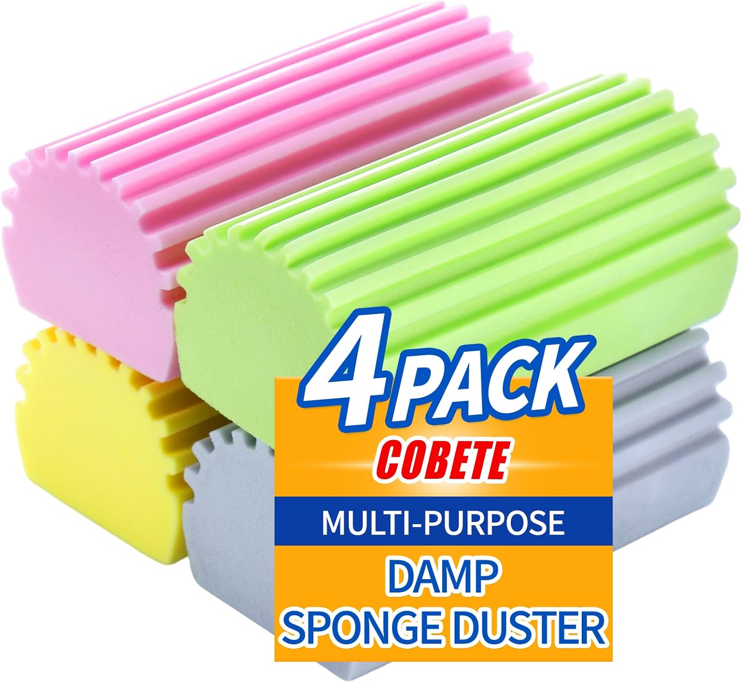 COBETE Damp Clean Duster Sponge,4pack Magic Sponge Eraser,Reusable Damp Dusting Sponge Household Cleaning for Blinds, Glass, Baseboards,Radiators,Window Track Grooves(Multi Color)