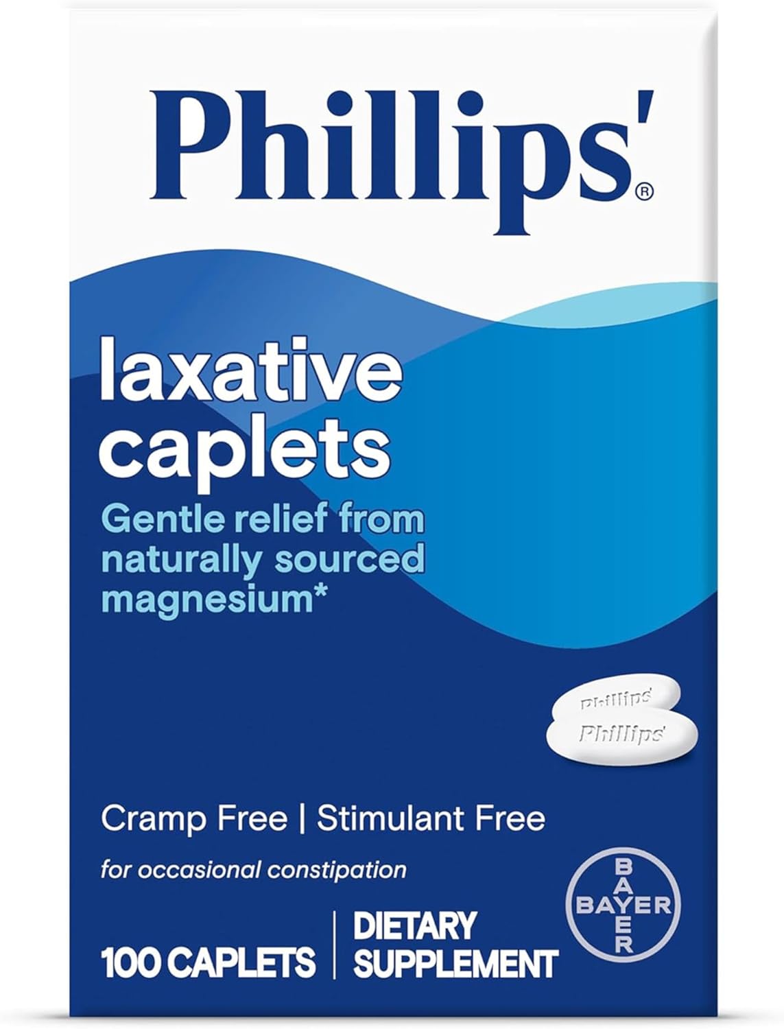 Phillips’ Laxative Caplets, With Naturally Sourced Magnesium Supplement for Gentle Relief of Occasional Constipation, Cramp and Stimulant Free Laxatives, 100 Caplets