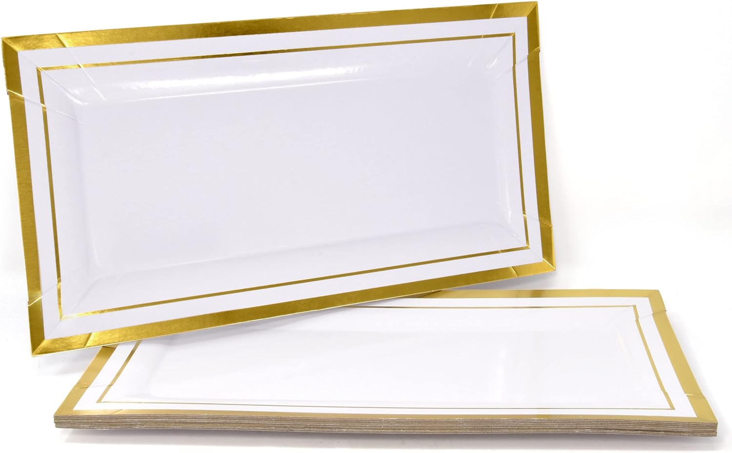 Gift Boutique 10 White Rectangle Trays with Gold Rim Border for Dessert Display Table Parties 14″ X 7.5″ Disposable Paper Cardboard for Platters