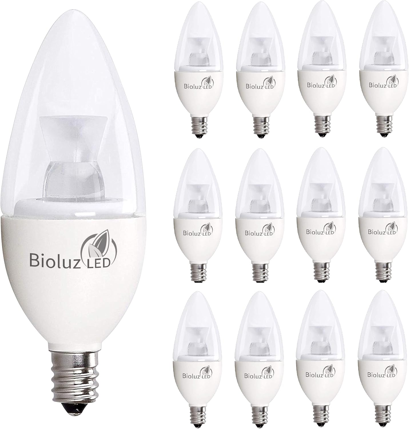 Bioluz LED Light Bulb 40 Watt Candelabra 4.5W Dimmable Candelabra LED Bulbs C37 E12 Led Bulb,325 Lumens,120° Beam Angle 3000K Soft White LED Candle Light Bulbs for Home Decor UL Listed Pack of 12