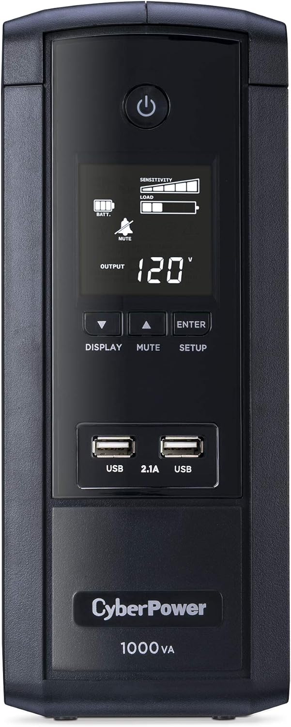 CyberPower BRG1000AVRLCD Intelligent LCD UPS System, 1000VA/600W, 10 Outlets, AVR, Mini-Tower, 5-Year Warranty