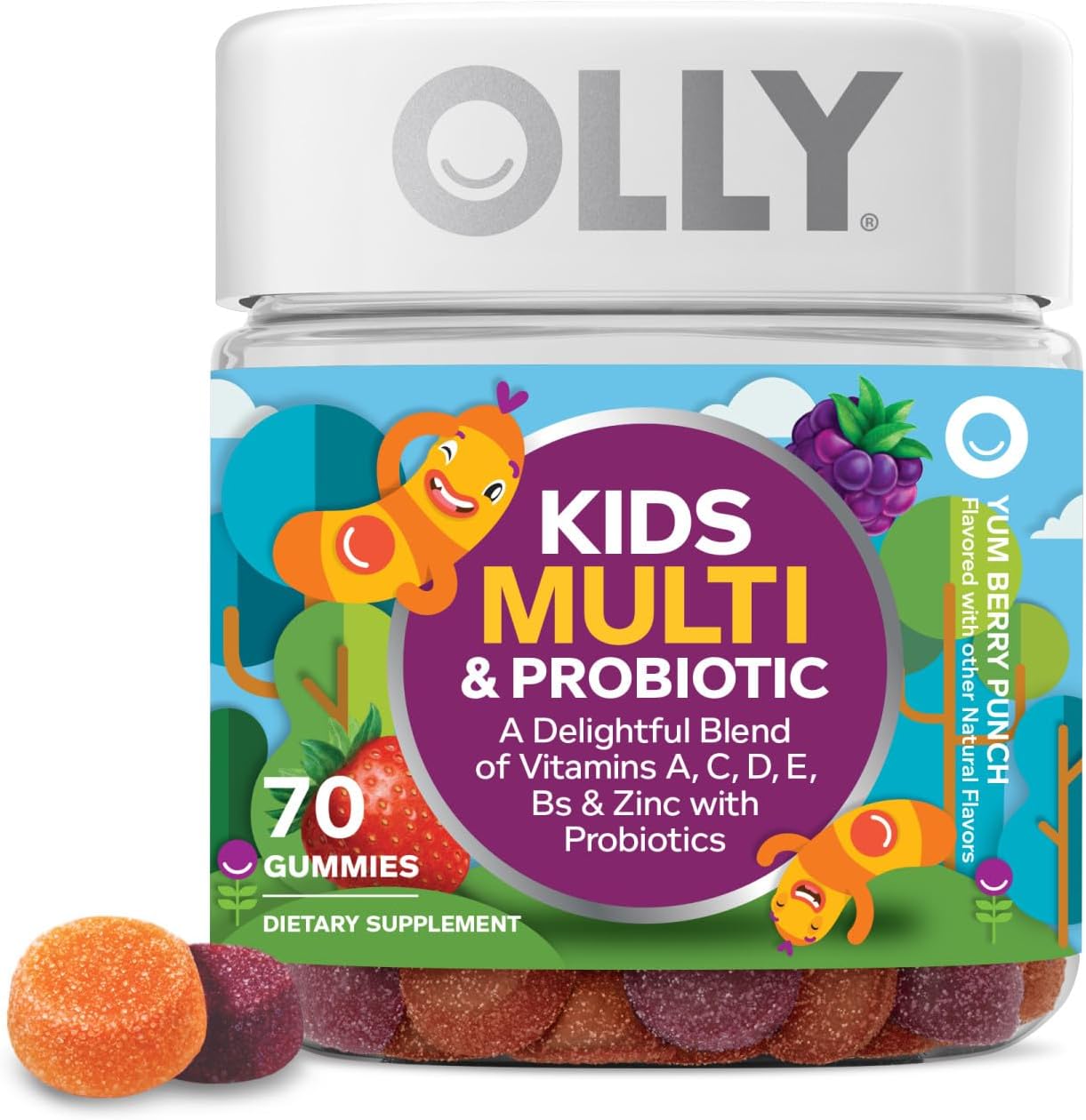 OLLY Kids Multivitamin & Probiotic Gummy, Digestive Support, Vitamins A, D, C, E, B, Zinc, Chewable Supplement, Berry Flavor, 35 Day Supply – 70 Count